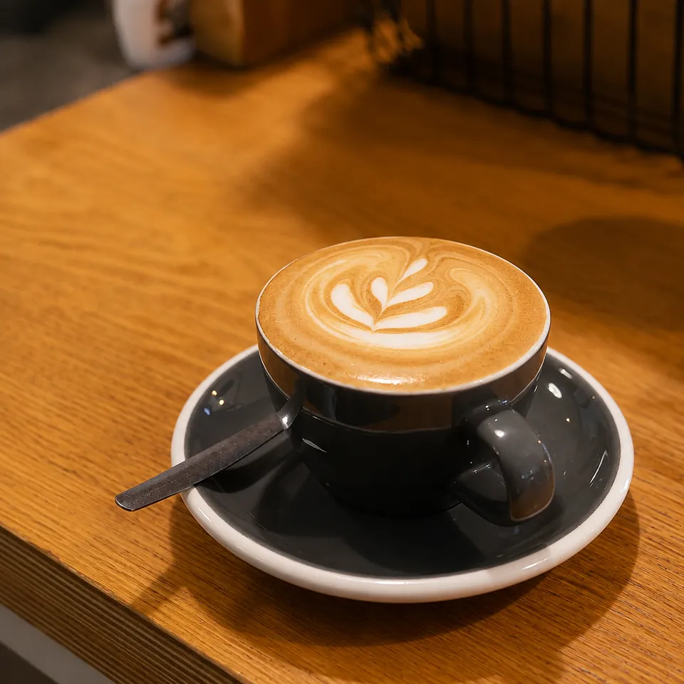 A cup of coffee with latte art on a wooden table at Suburban Rascal