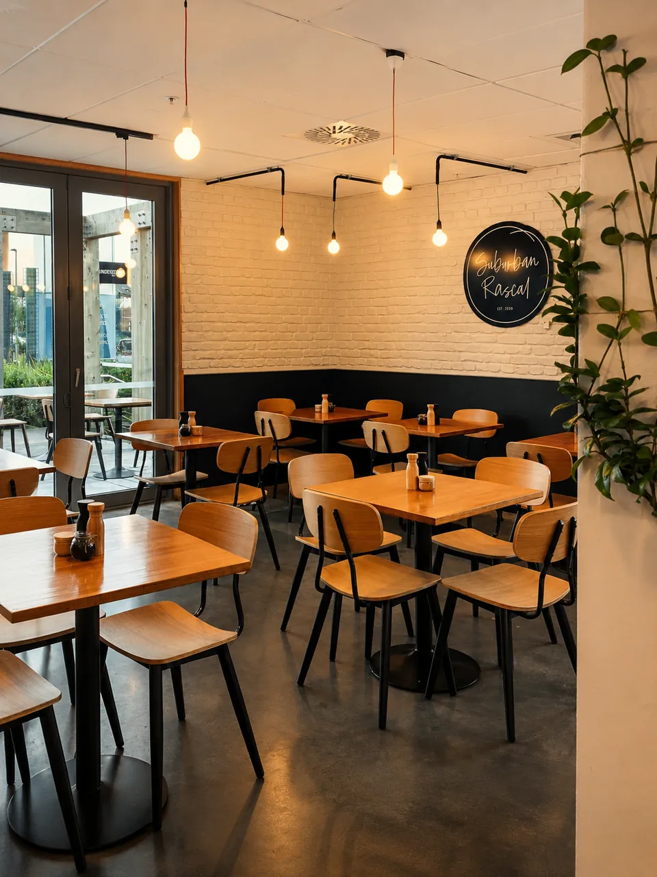 Dining room tables beneath the Suburban Rascal wall sign