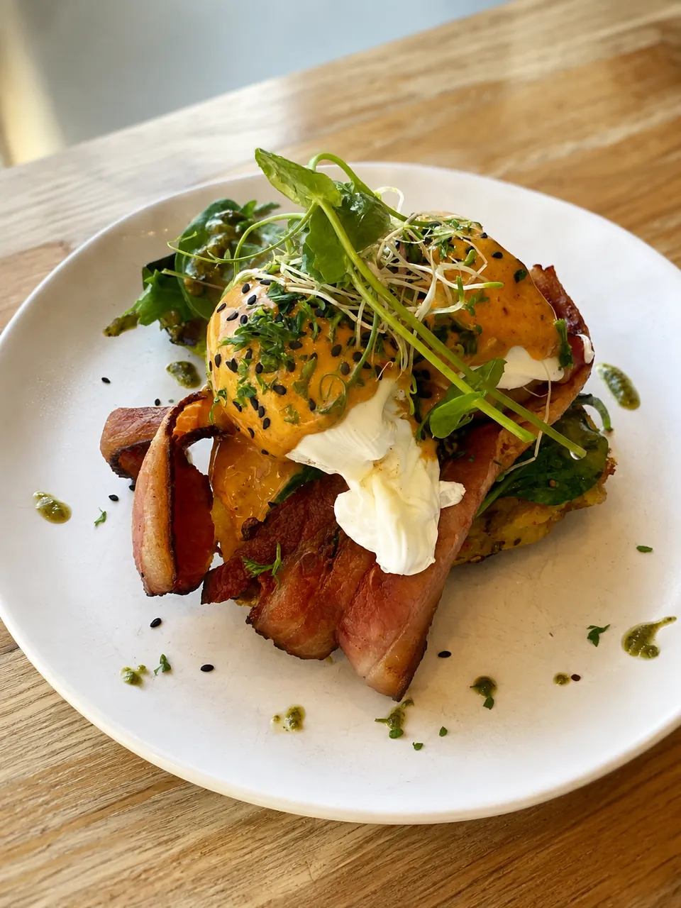 Eggs Benedict with hollandaise, bacon and greens
