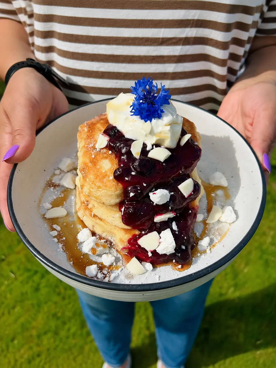 Blueberry and white chocolate pancakes with yoghurt and meringue